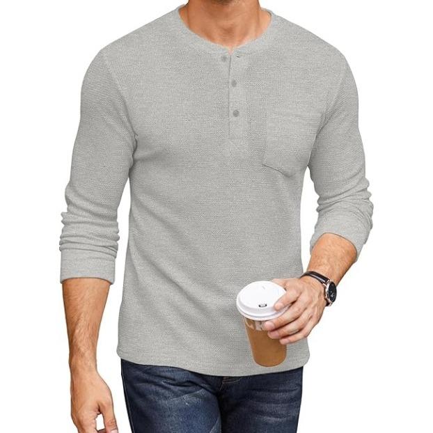 Men’s Long Sleeve Waffle Henley Shirt with Pocket