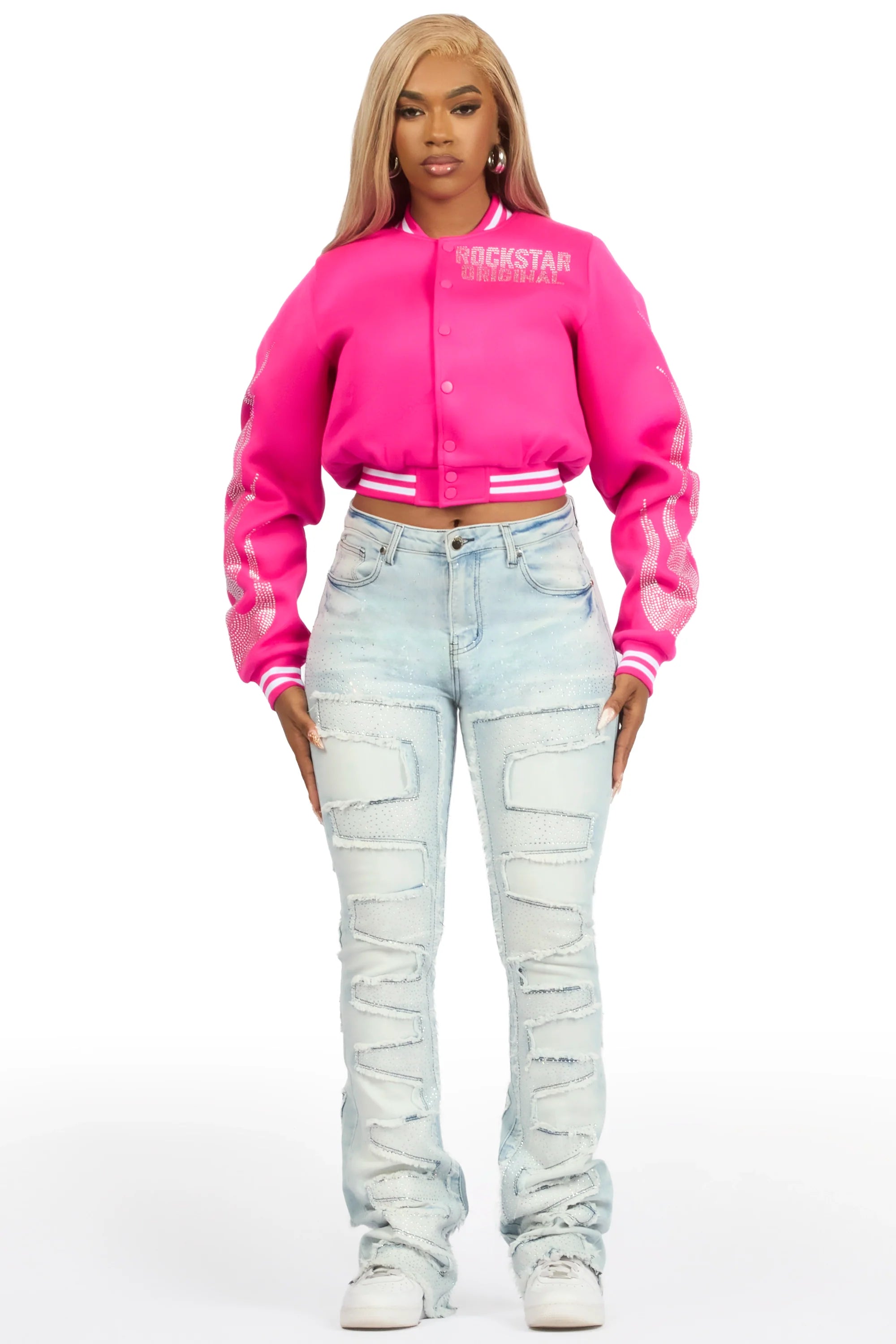 Beunca Hot Pink Rhinestone Varsity Jacket
