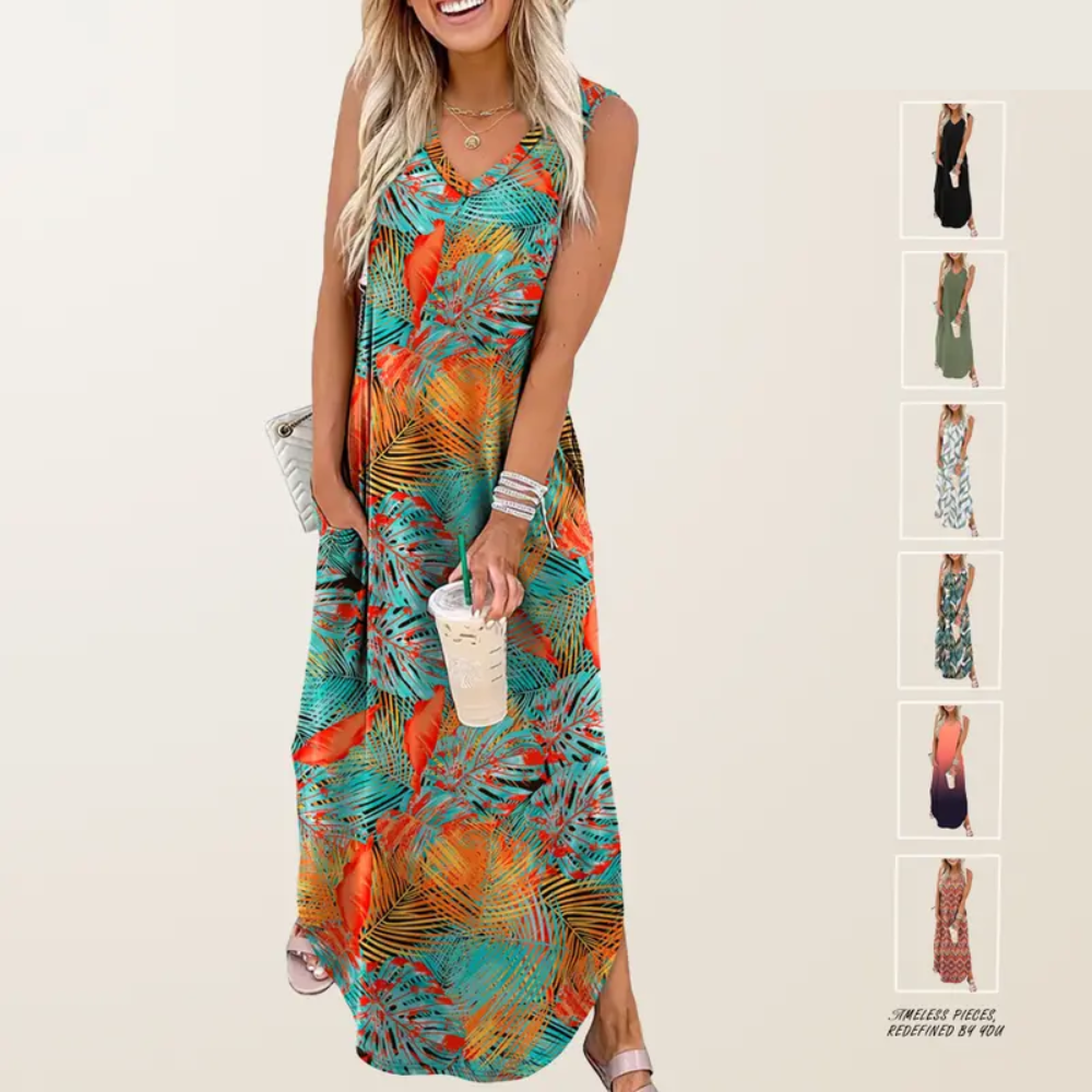 Casual Floral Dresses Maxi Dress Vacation Beach Sundresses  with Pockets