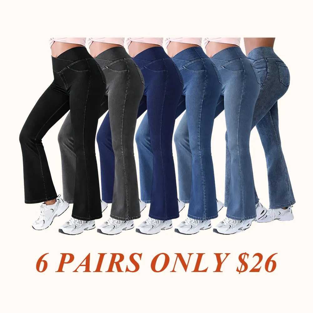 High Waisted Bootcut Flare Denim Jeans for Women - Crossover Waist & Illusion Pocket Design
