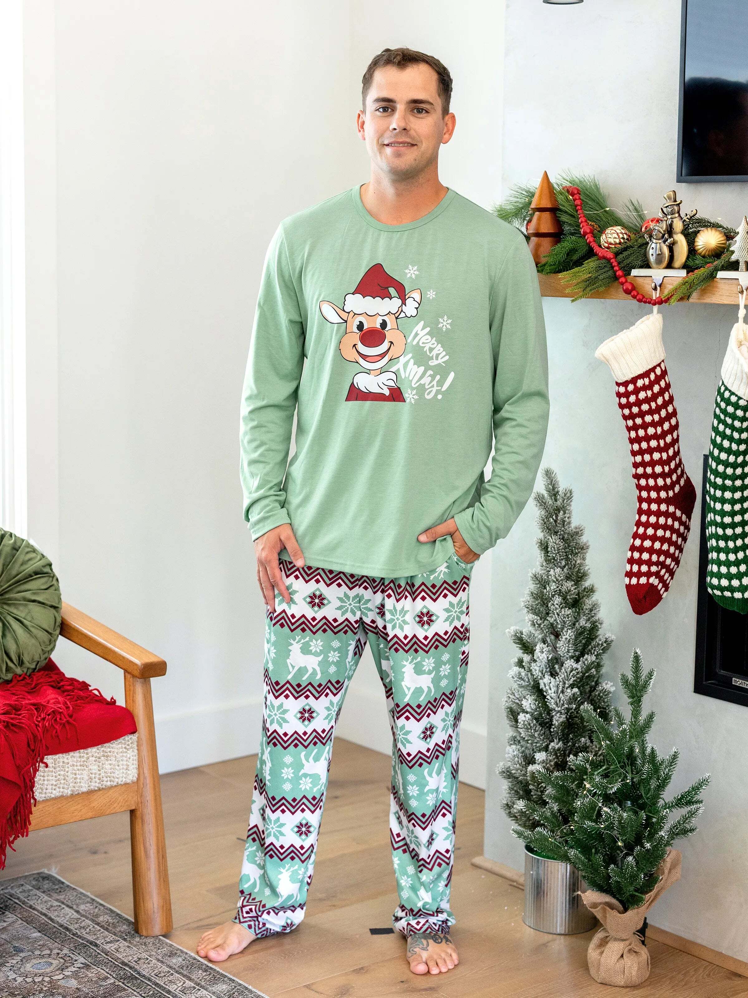 Christmas Matching Family Pajamas Set Christmas Spirit and Snowflake Print PJS with Christmas Socks Pale Green