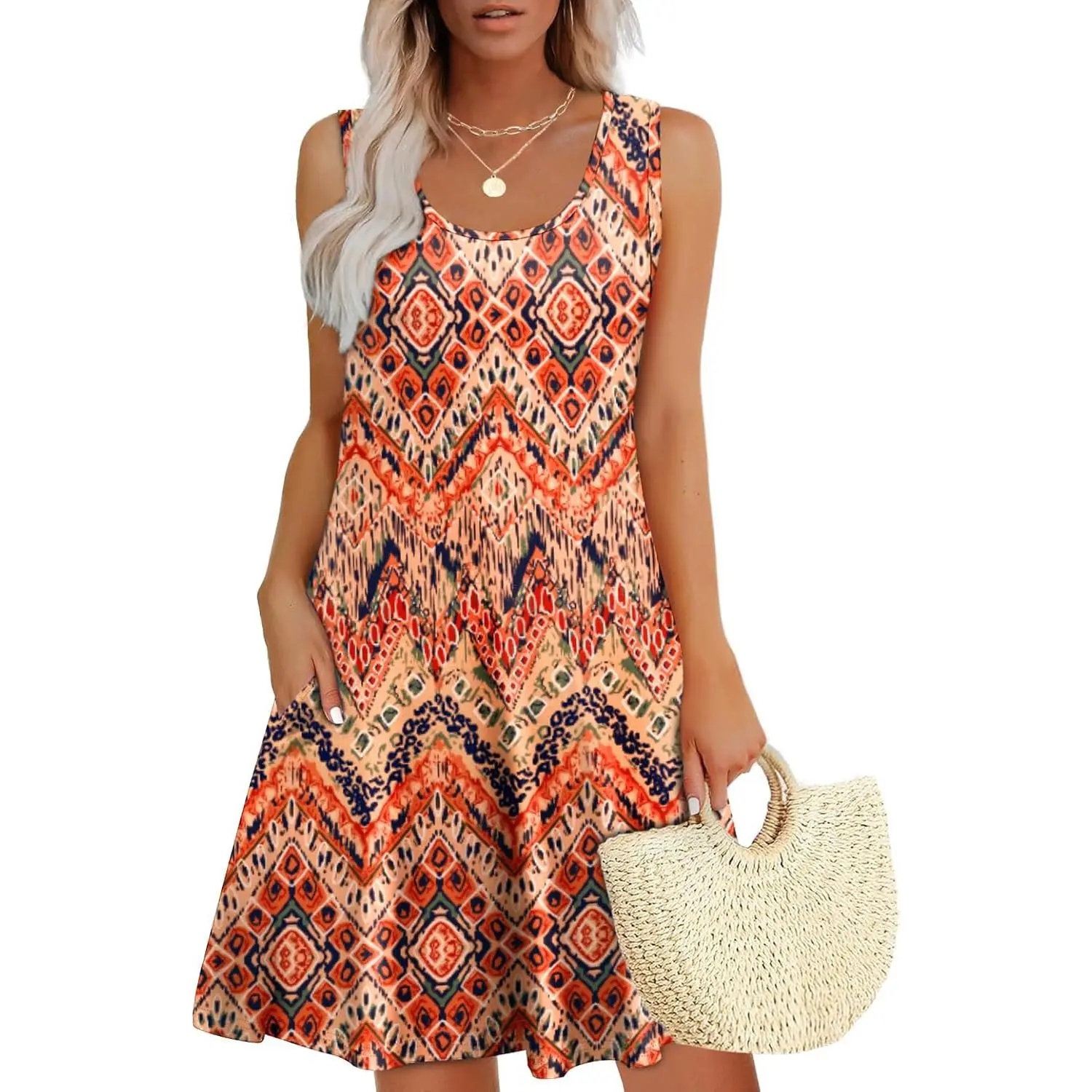 Womens Summer Dresses Loose U Neck Sleeveless Sundresses Dress with Pockets
