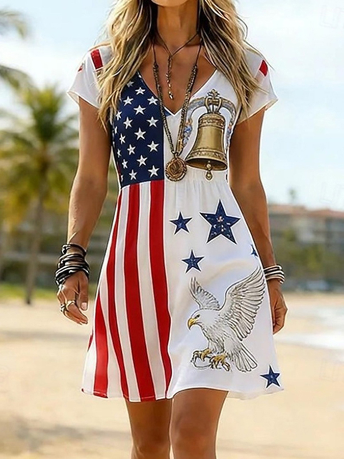 Ladies' Casual American Five-Star Flag Fluttering Colorful Flag V-Neck Short Sleeved Dress