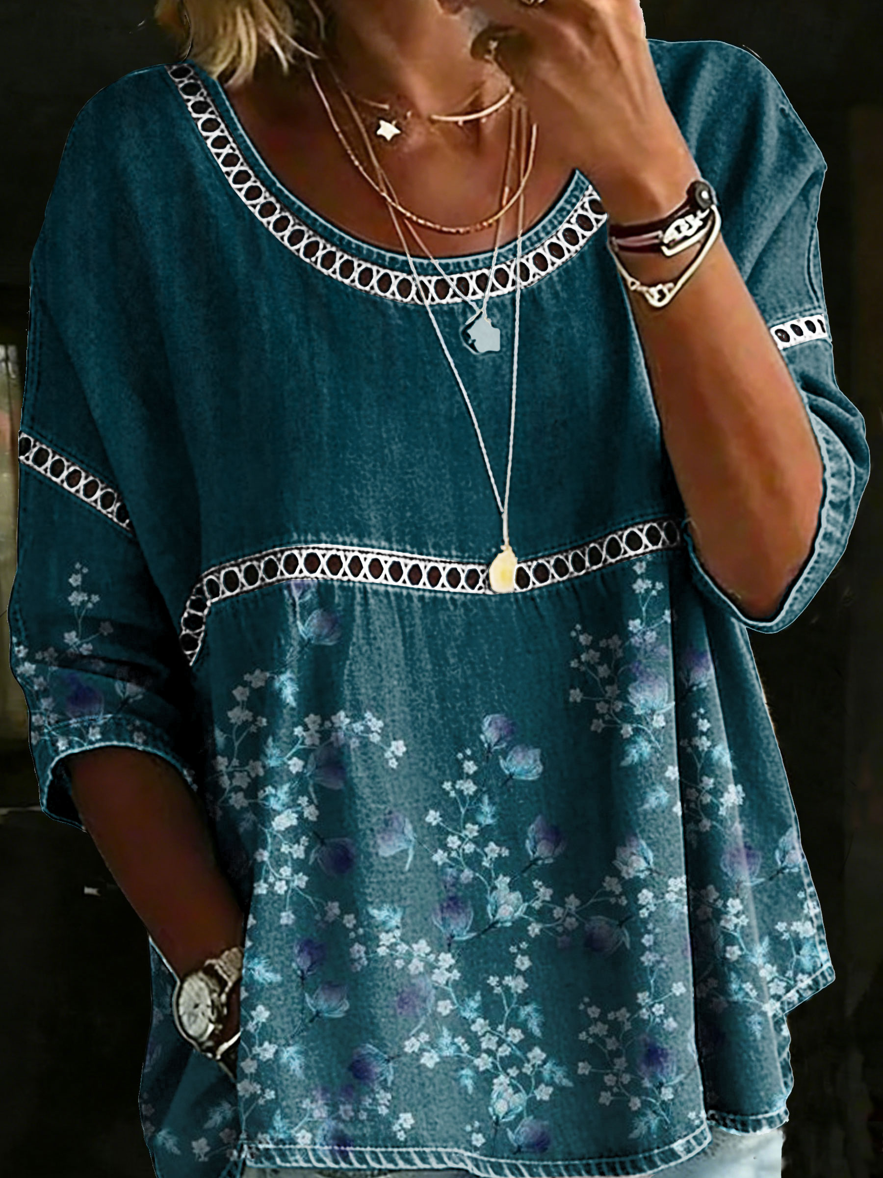 Women's Vintage Floral Casual Loose Denim Blouse Shirt