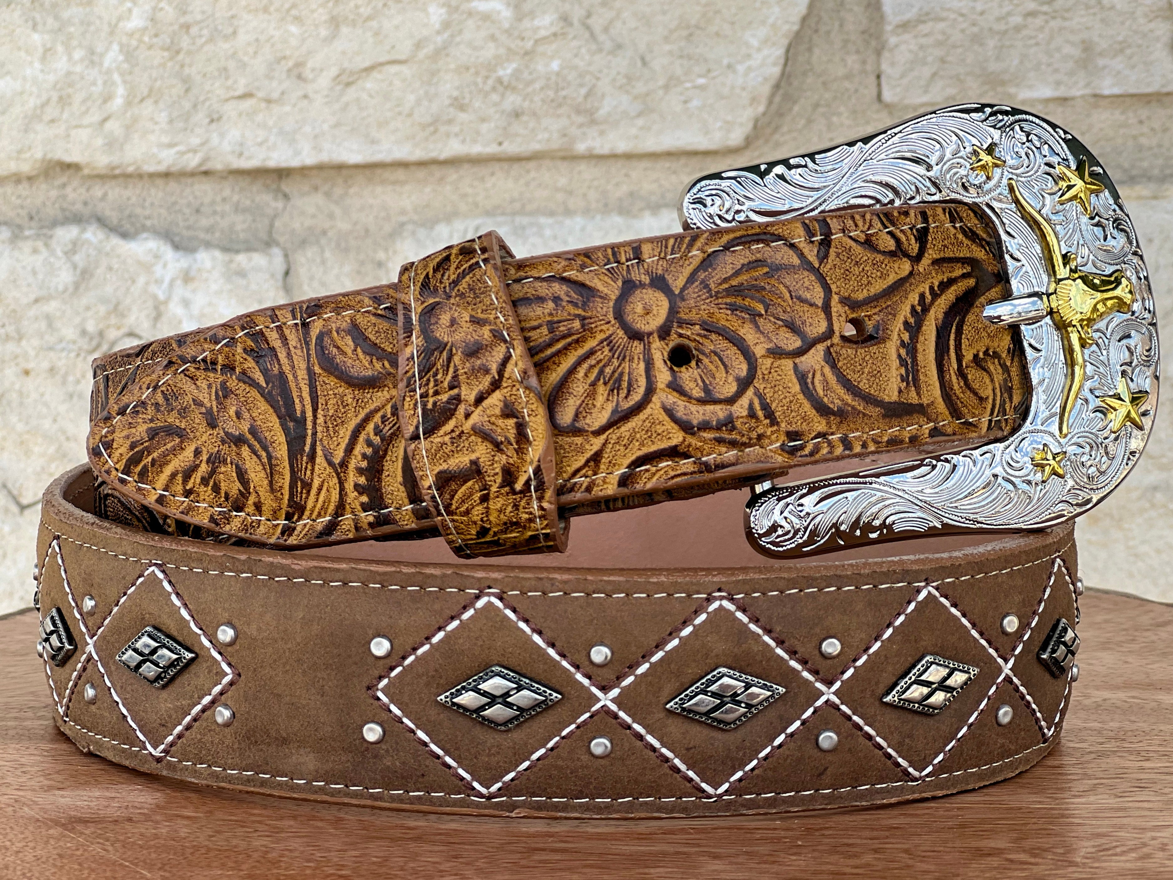 Honey Hand-Tooled Leather Belt With Silver Studs