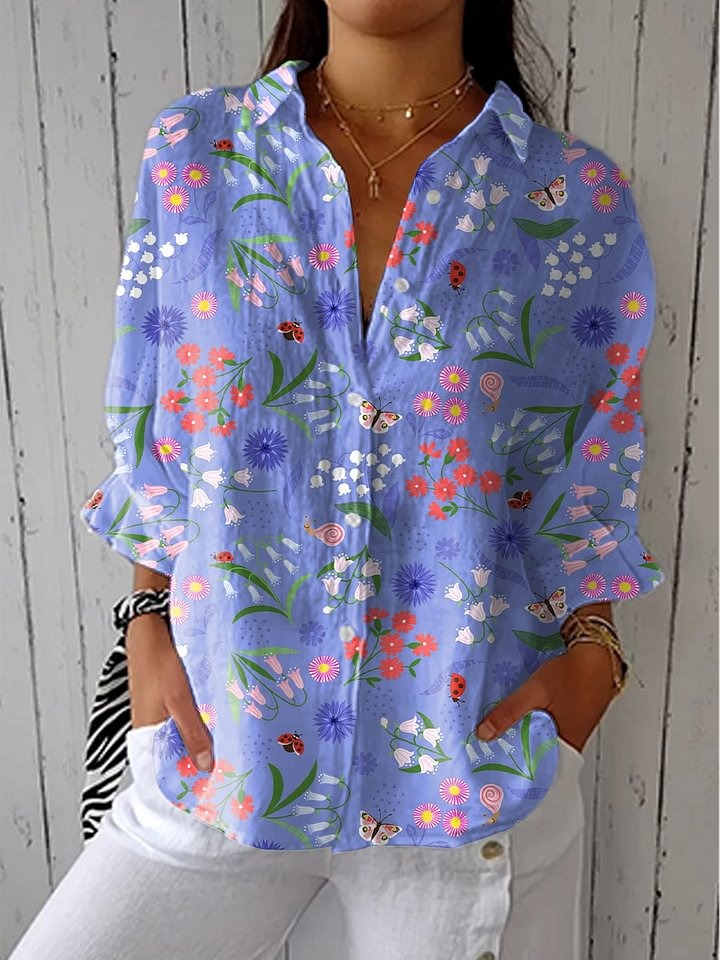 Women's Vintage Colorful Floral Pattern Art Print Casual Cotton And Linen 3/4 Sleeve Shirt