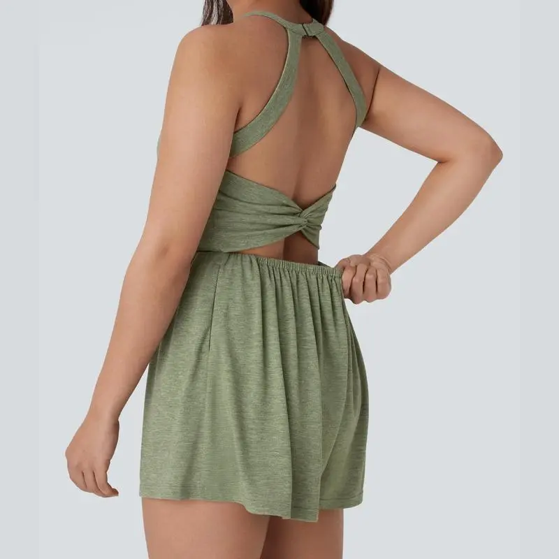 Women’s Backless Twisted Romper – 2-in-1 Resort Fit with Side Pockets | Easy Peezy Edition