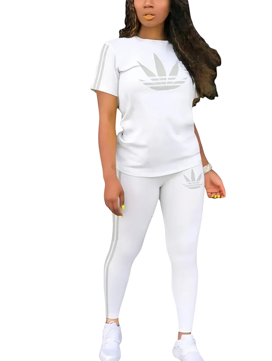 Women's Printed Casual Sporty Round Neck Drawstring Short Sleeve and Long Pants Two-Piece Set