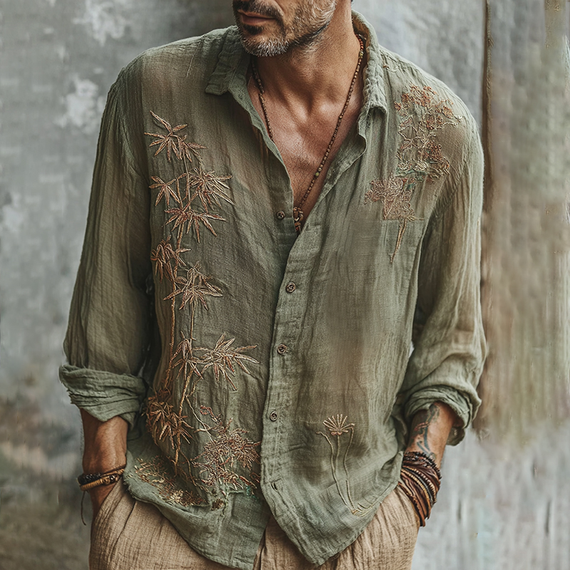 Men's Vintage Japanese Bamboo Embroidery Art Linen Blend Shirt