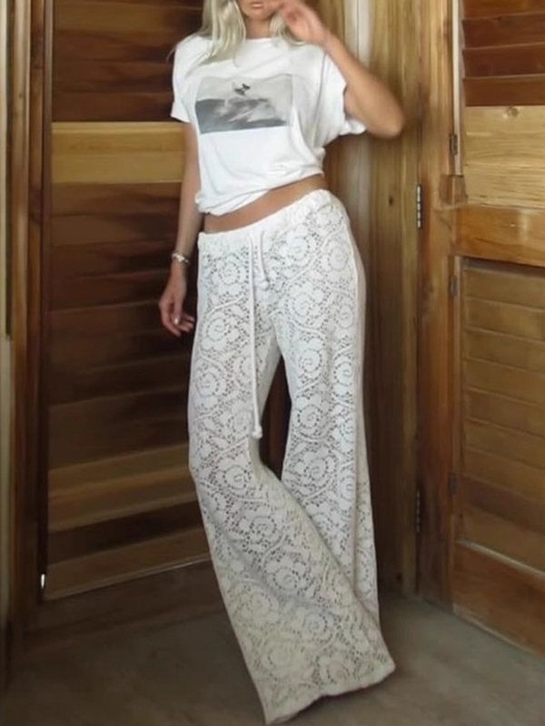 See-Through Lace Sexy Wide-Leg Pants Hollow Trousers Causal Pants
