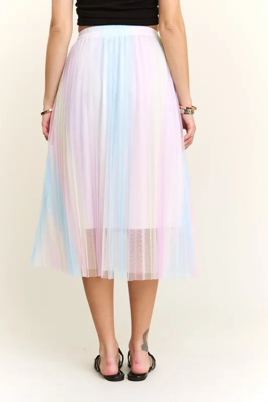 Pleated Mesh Flare Midi Skirt
