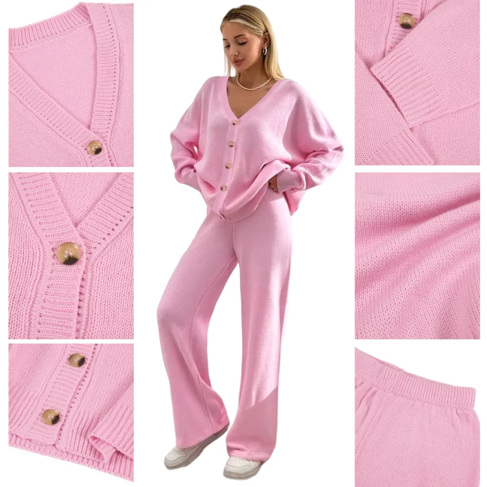 Women's Button Front V-Neck Cardigan & Wide Leg Pants Set