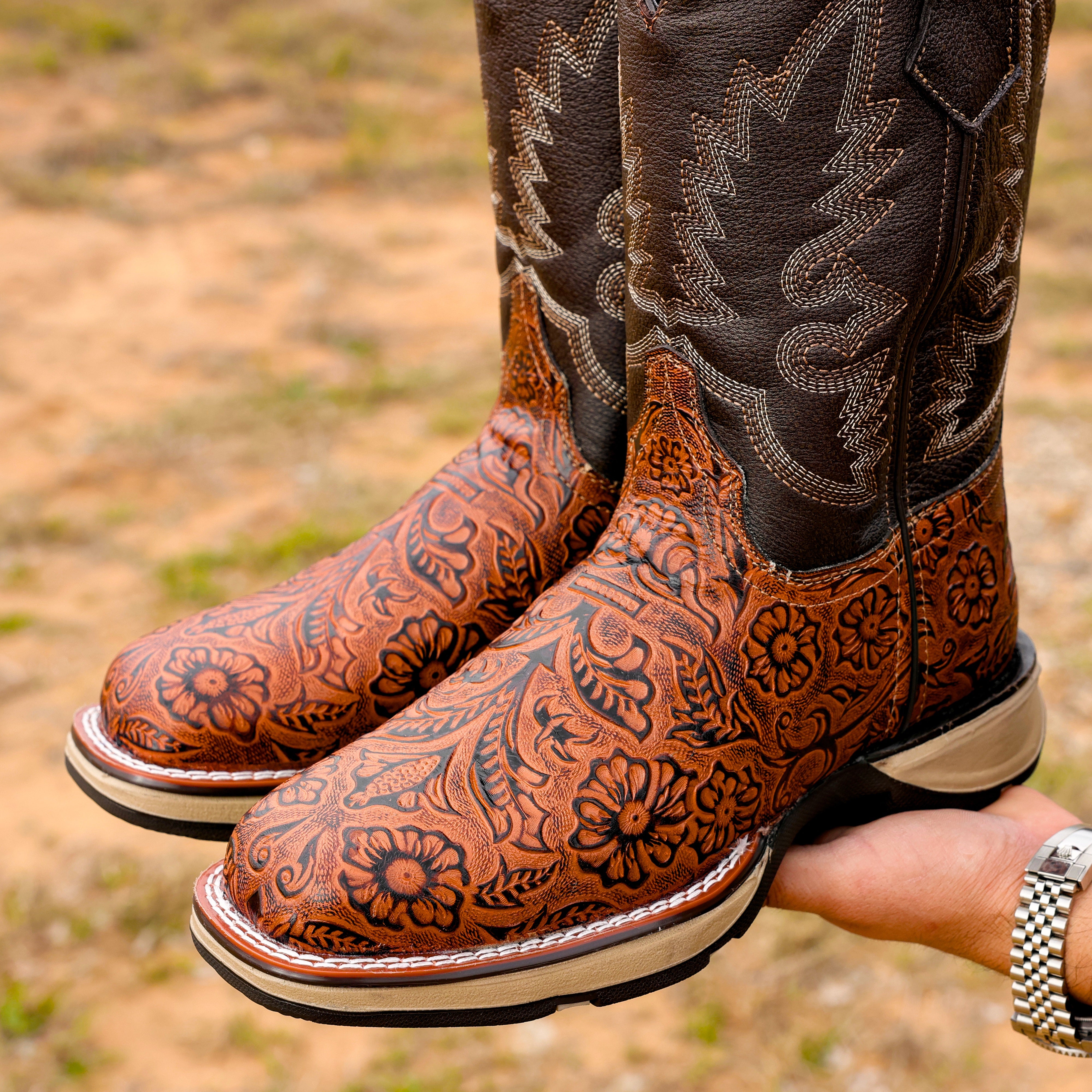 Cognac Hand-Tooled Leather Boots - Composite Toe