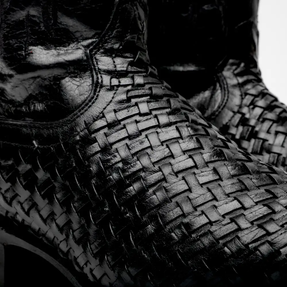 Black Basketweave Leather Boots - Square Toe
