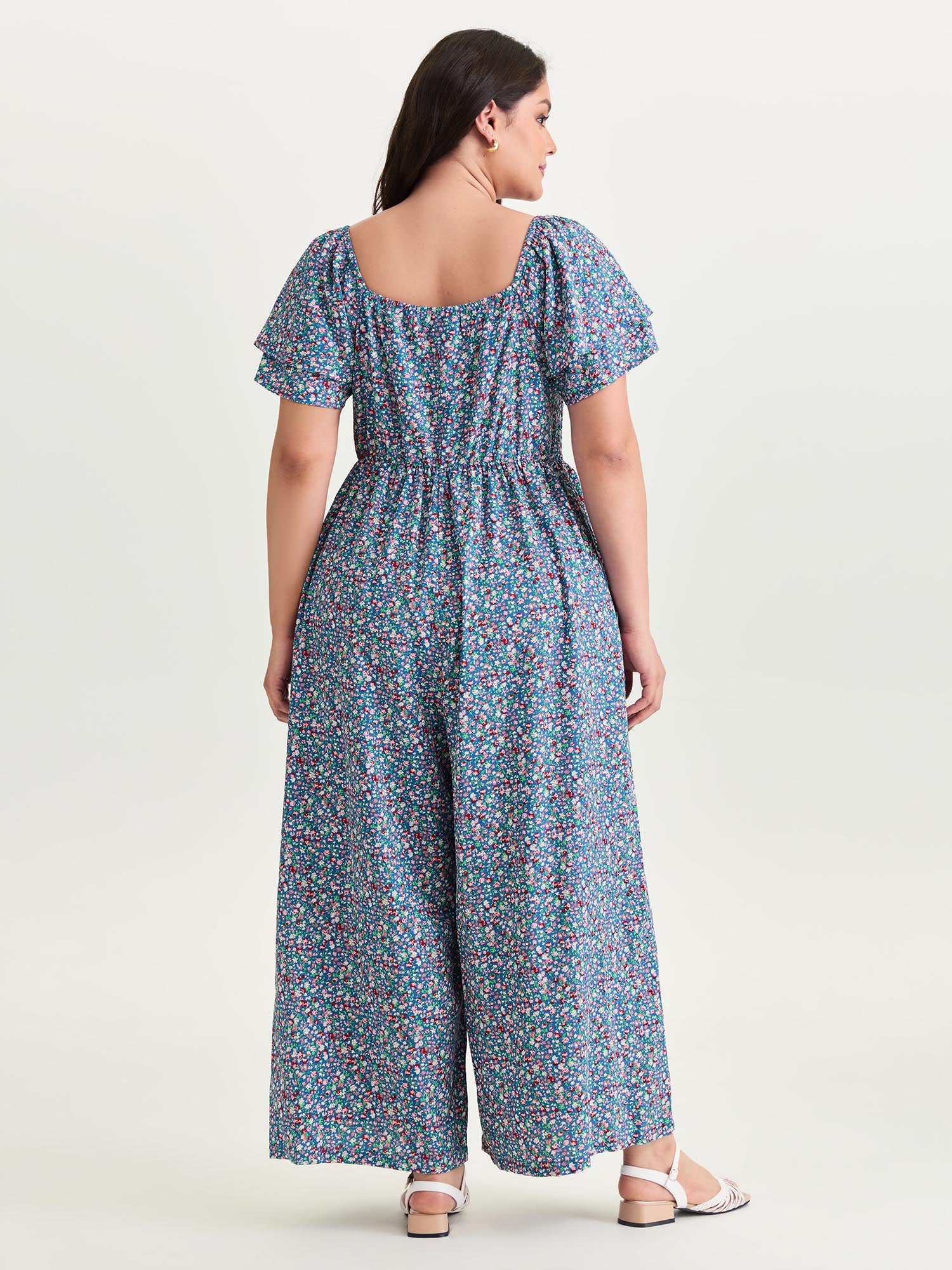 Micro Floral Print Shirred Jumpsuit