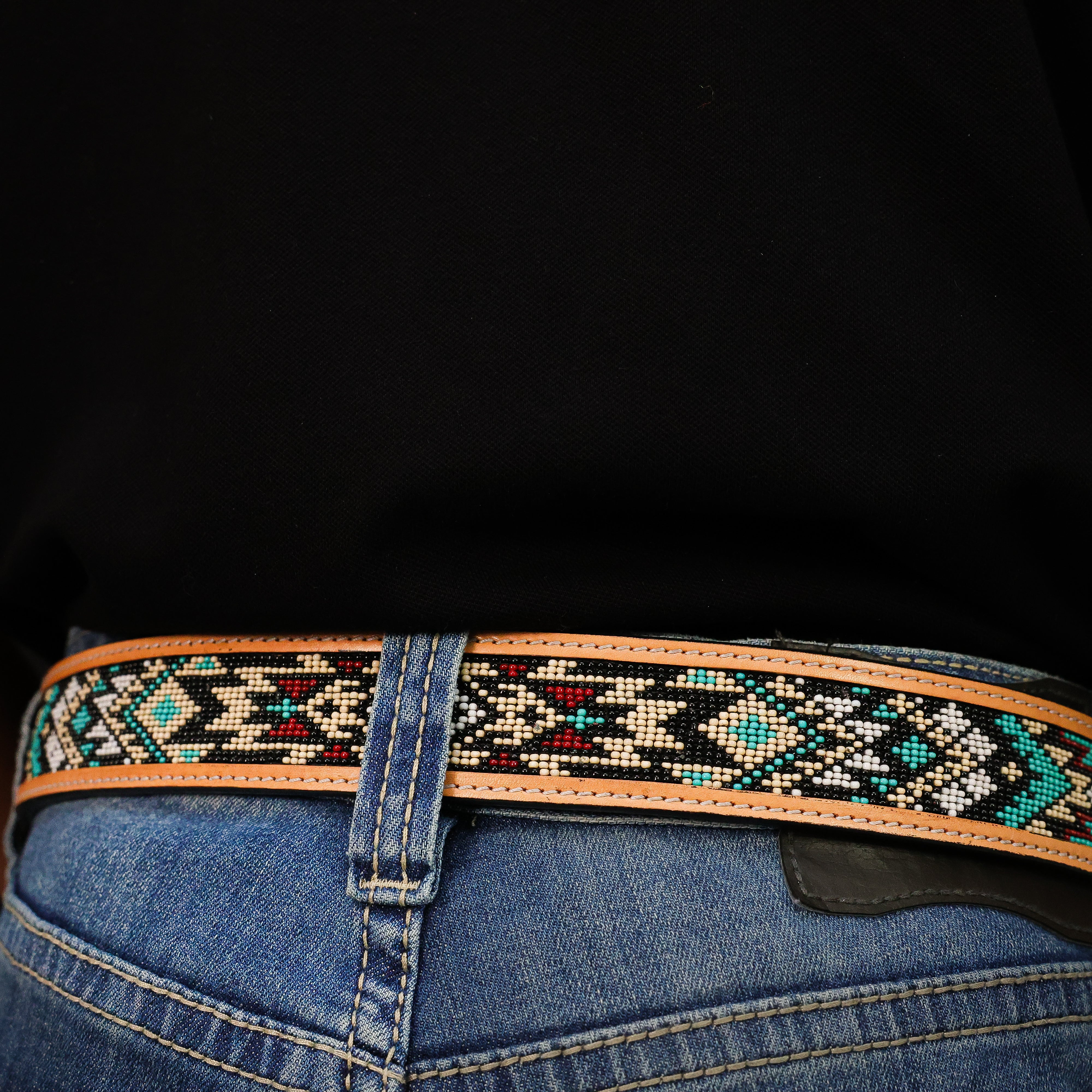 Hand-Tooled Artesanal Beaded Leather Belt