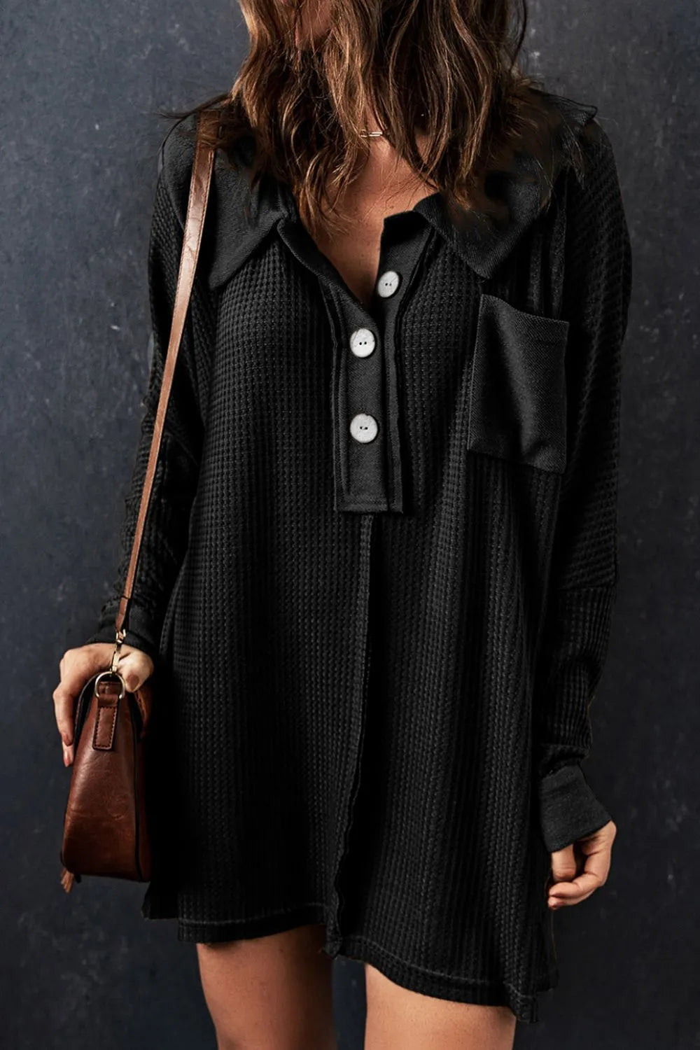 Waffle Knit Button Front Dress