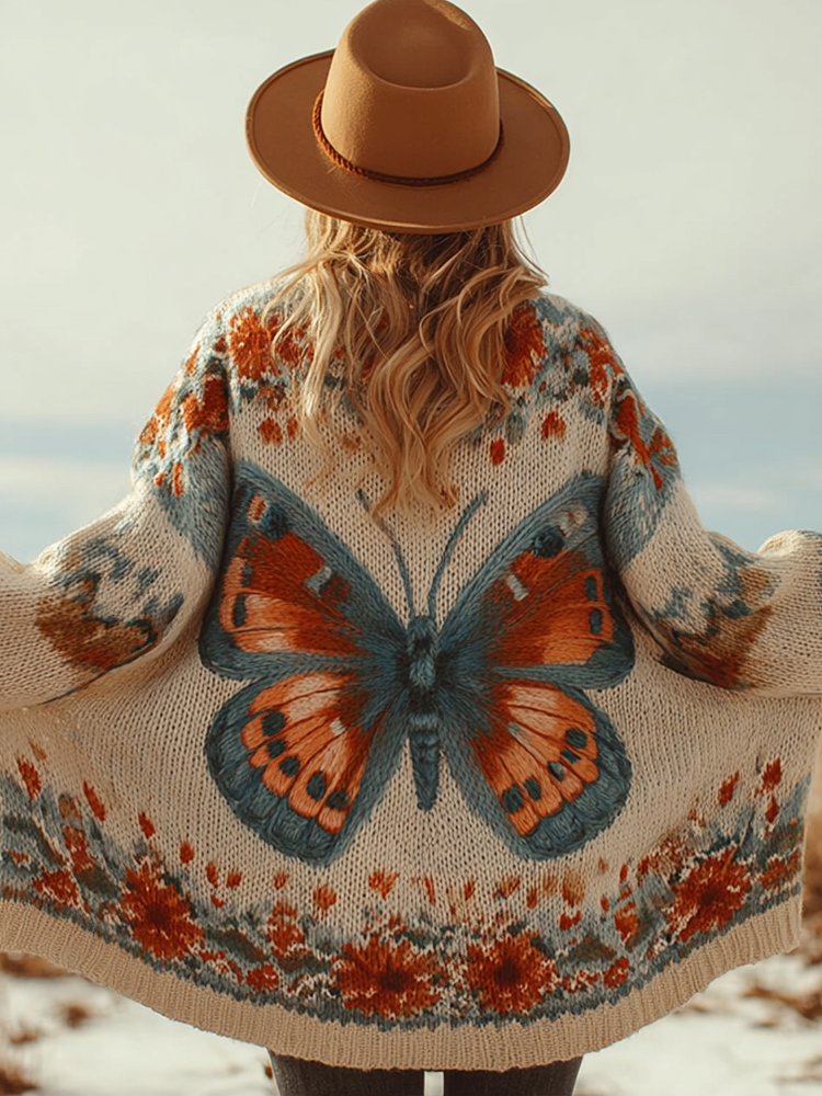 Bohemian Style Butterfly And Plant Floral Pattern Women's Cardigan Sweater