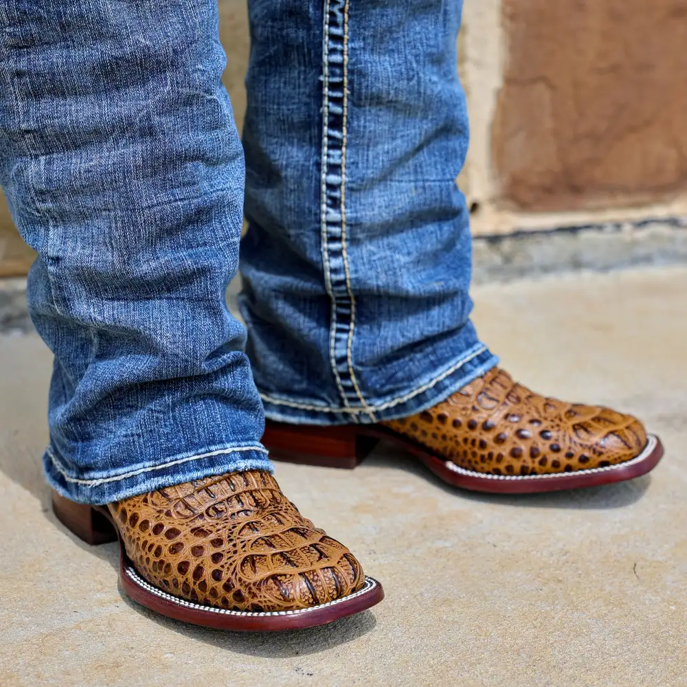 Honey Caiman Neck Leather Boots - Square Toe