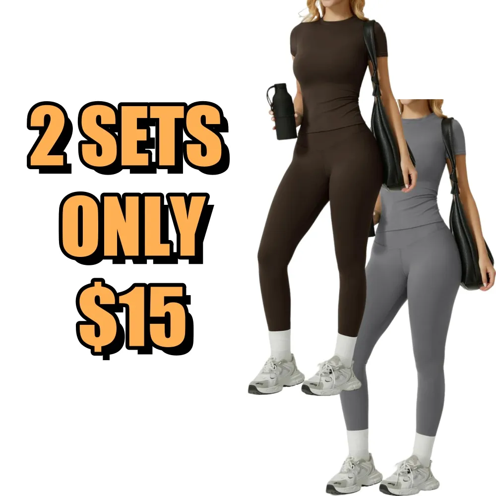 Women's Solid Ribbed Long Sleeve Tee & Leggings Sport Set