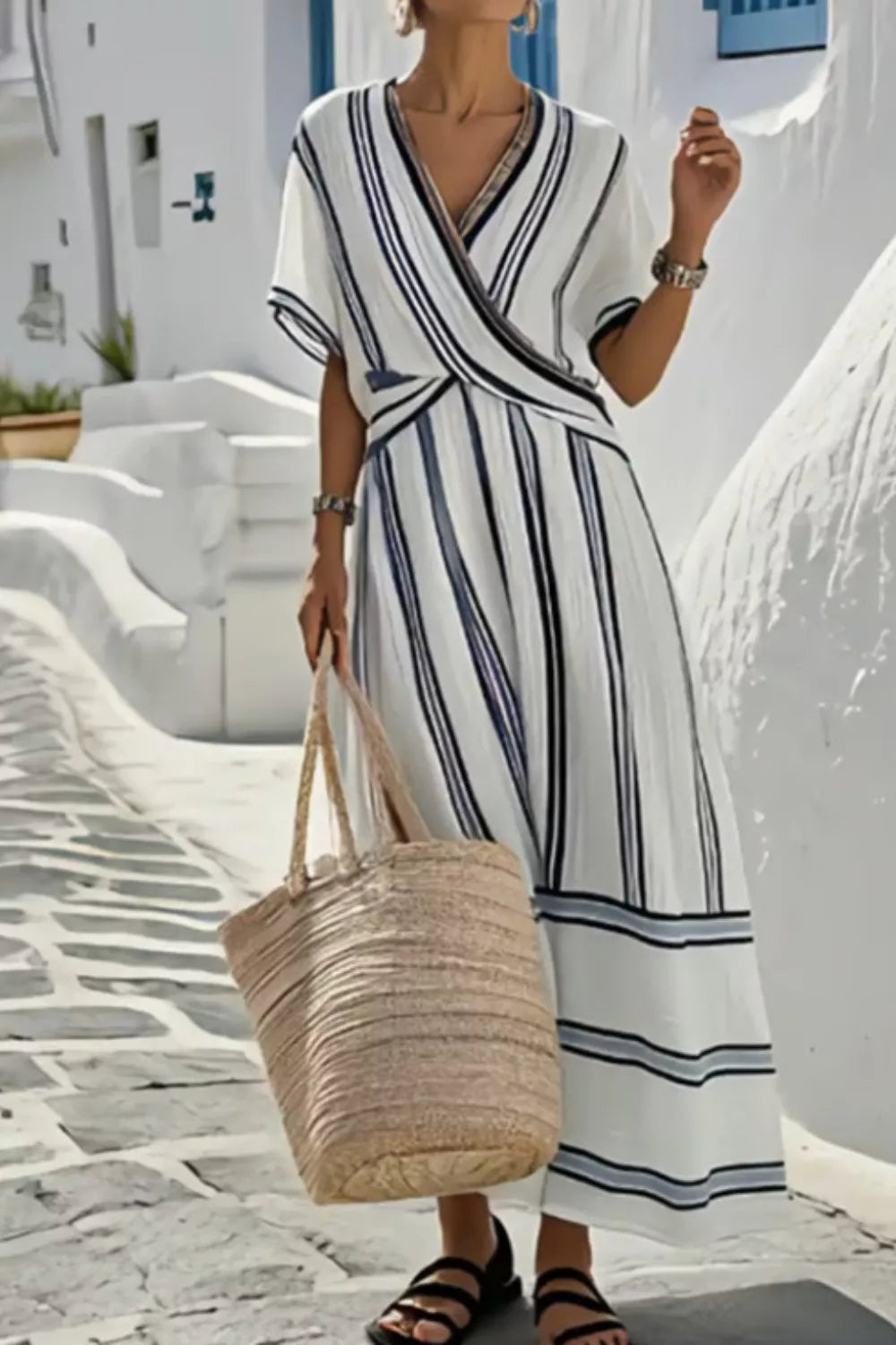 Striped Wrap Half Sleeve Maxi Dress