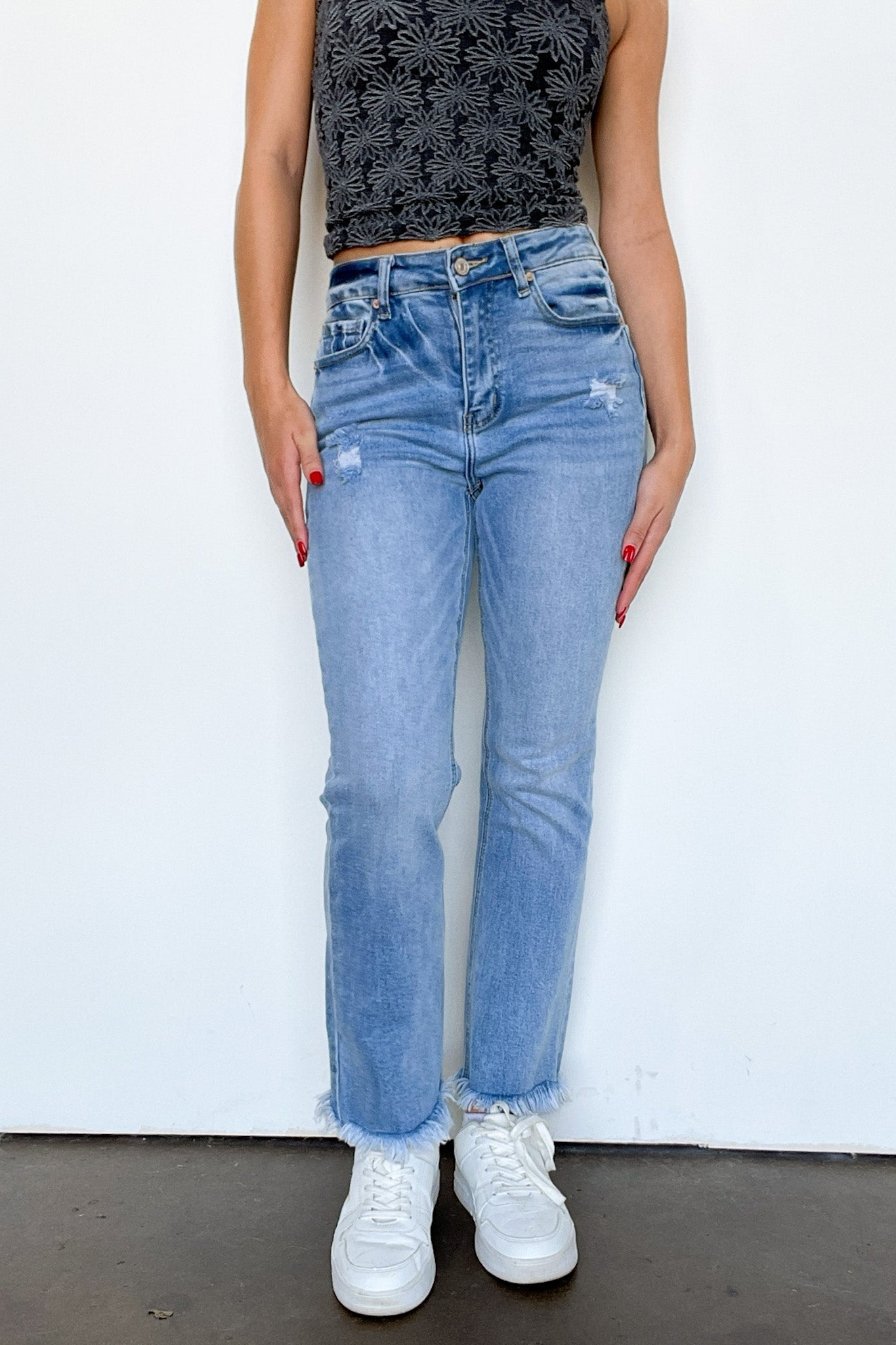 High Rise Raw Hem Straight Jeans
