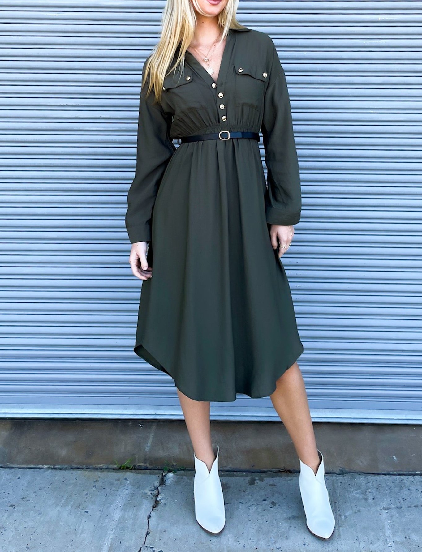 Adeline Button Down Belted Midi Dress