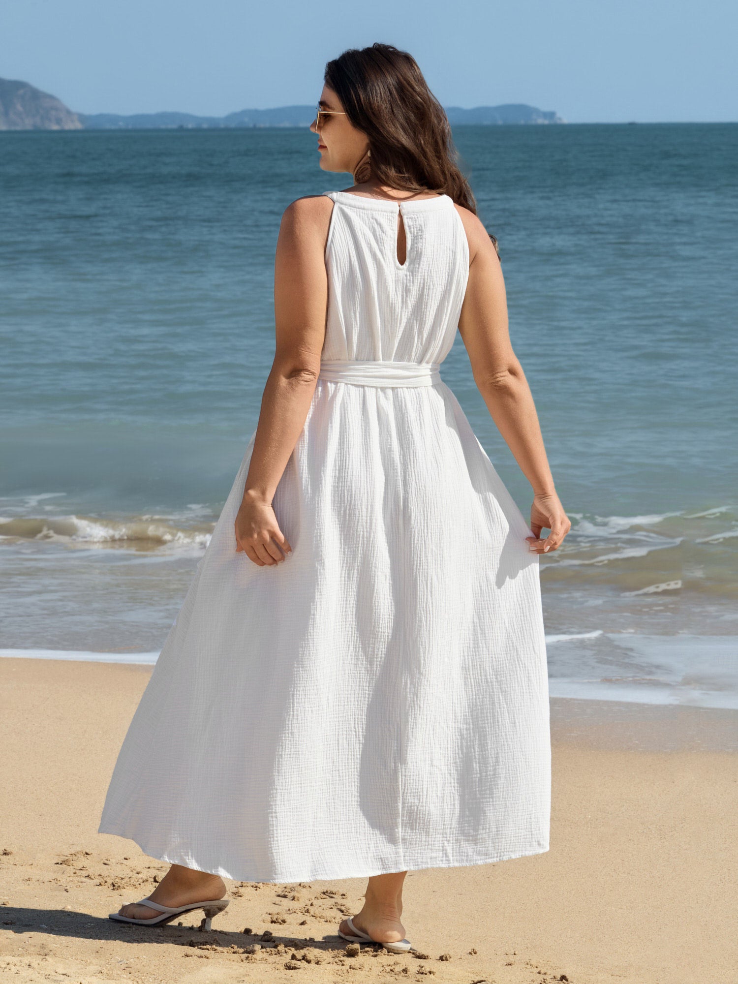 Cotton Sheer Lace Neckline Waist-Tie Maxi Dress