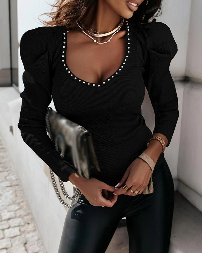 Gigot Sleeve Beaded Slim Fit Ribbed Top