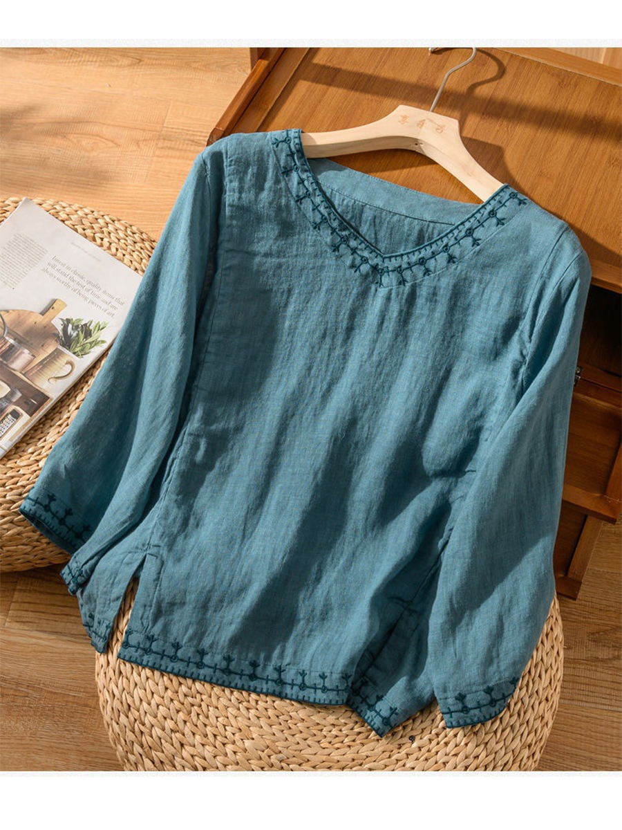 Women's Casual Cotton and Linen Embroidered Shirt