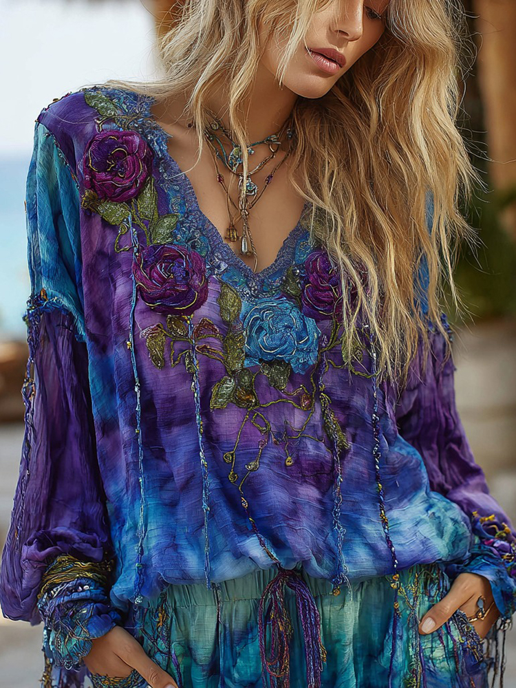 Women's Vintage Rose Floral Elegant V-neck T-shirt