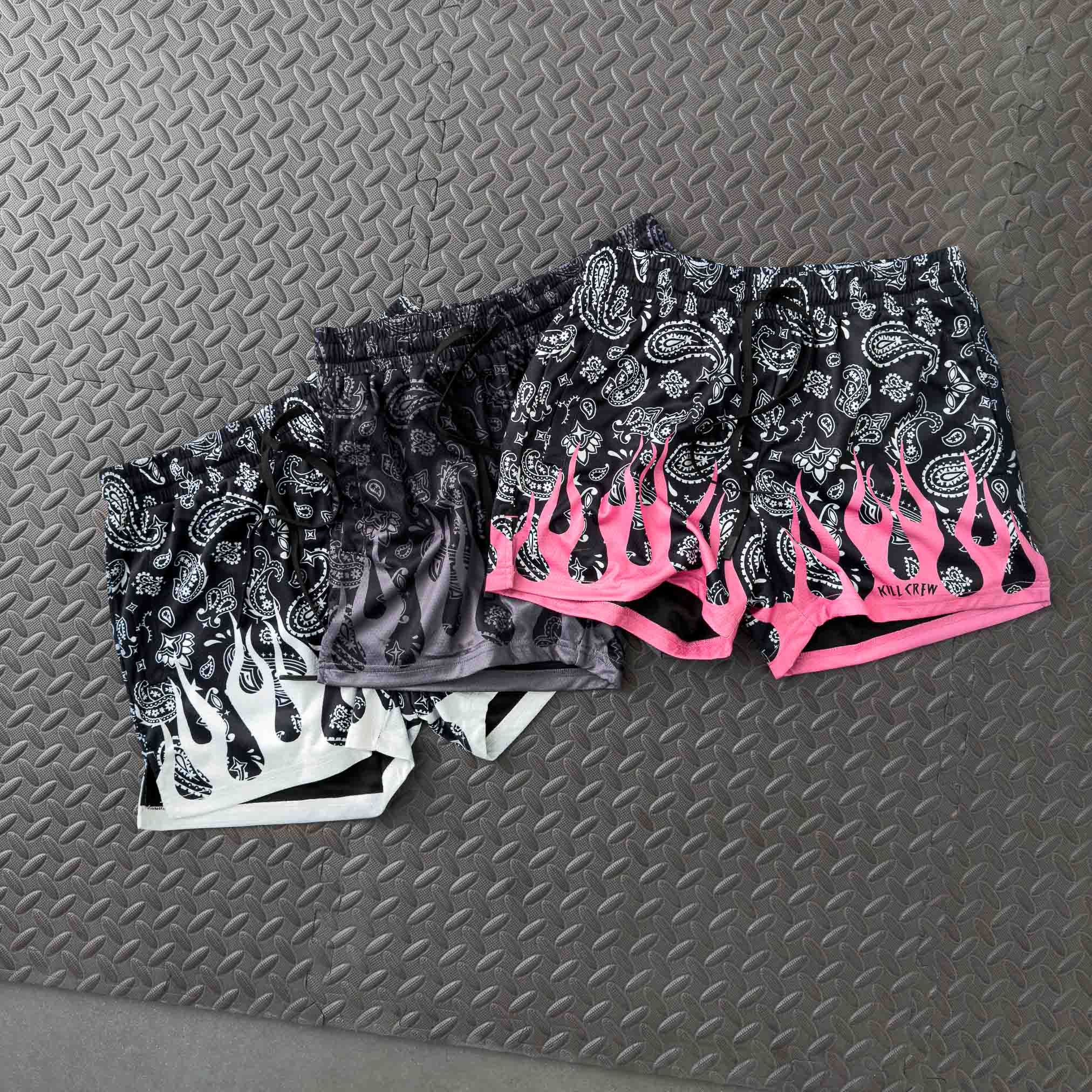 MUAY THAI SHORTS (MID THIGH CUT) BANDANA FLAME - BLACK / PINK