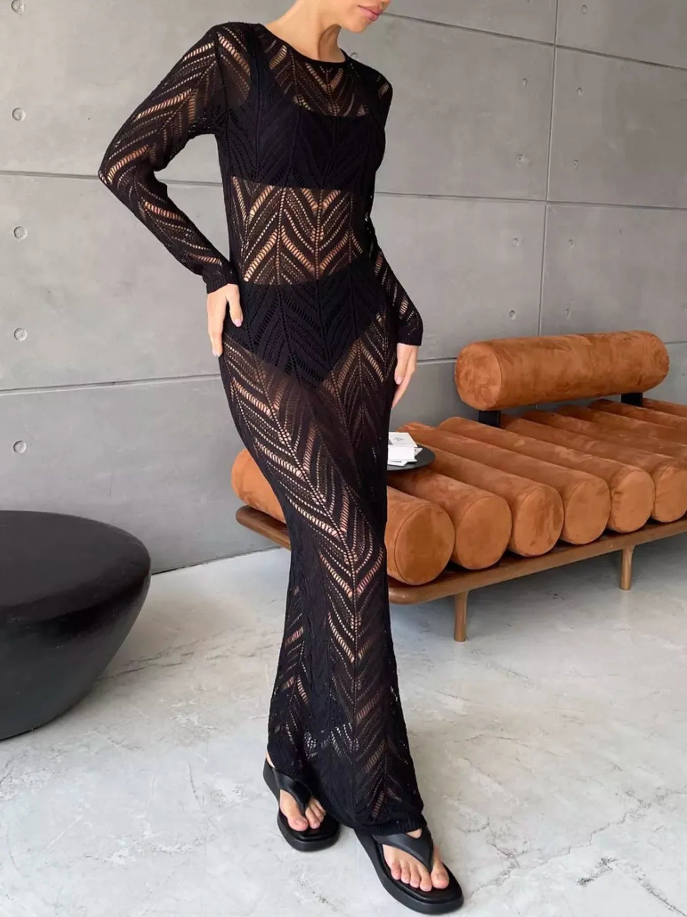 Openwork Long Sleeve Knit Cover Up Dress