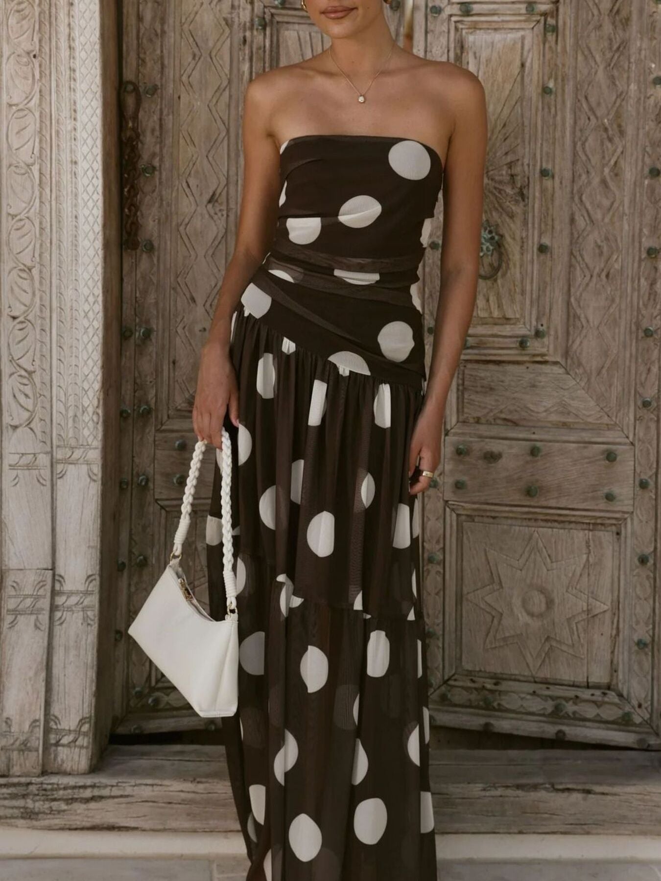 Polka Dot Strapless Ruched Maxi Dress