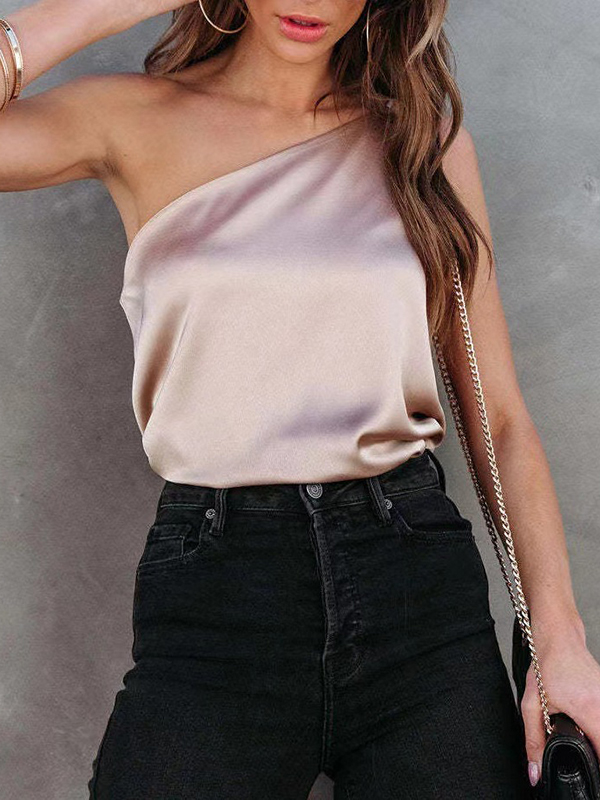 Asymmetric Solid Color Loose Sleeveless One-Shoulder Vest Top