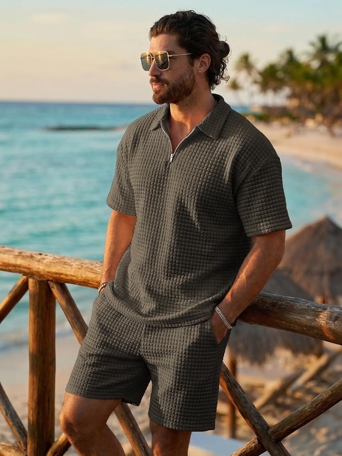 Men's 2 Piece Waffle Knit Outfit Half Zip Polo Shirt and Shorts Textured Summer Set