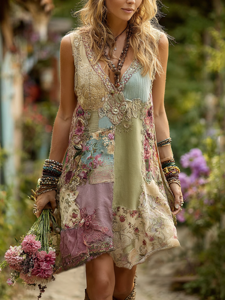 Women's Vintage Floral Splicing Cotton And Linen Tank Dress