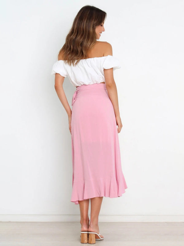 Waist Tie Solid Color Irregular Midi Flare Skirt