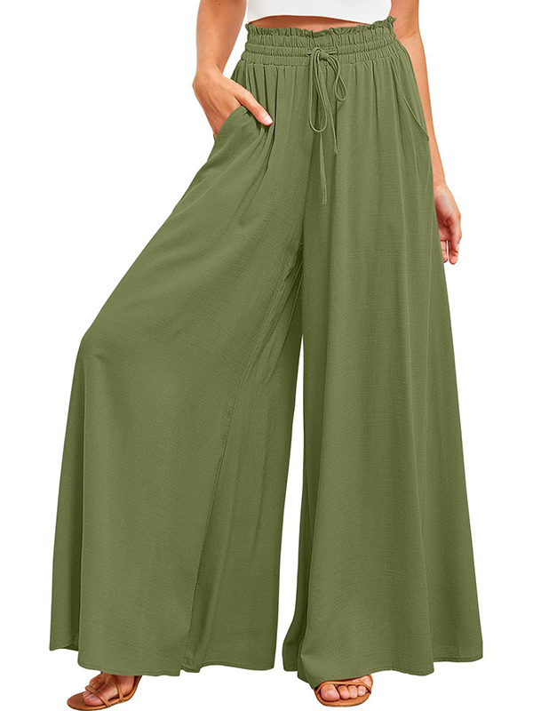 Drawstring Elasticity Pleated Pockets Solid Color High Waisted Loose Trousers Pants