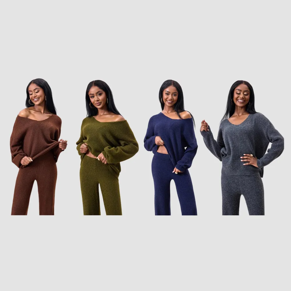 Two-piece Set Women's Solid Color Drop Shoulder Sweater & Pants