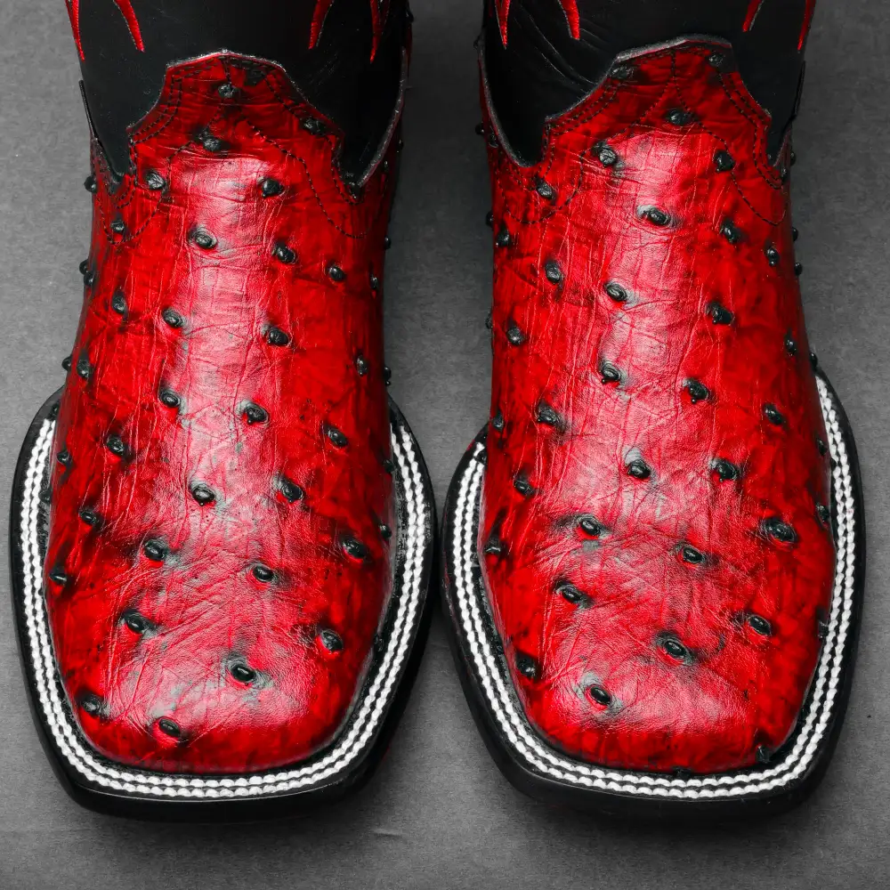 Black Cherry Ostrich Leather Boots - Square Toe