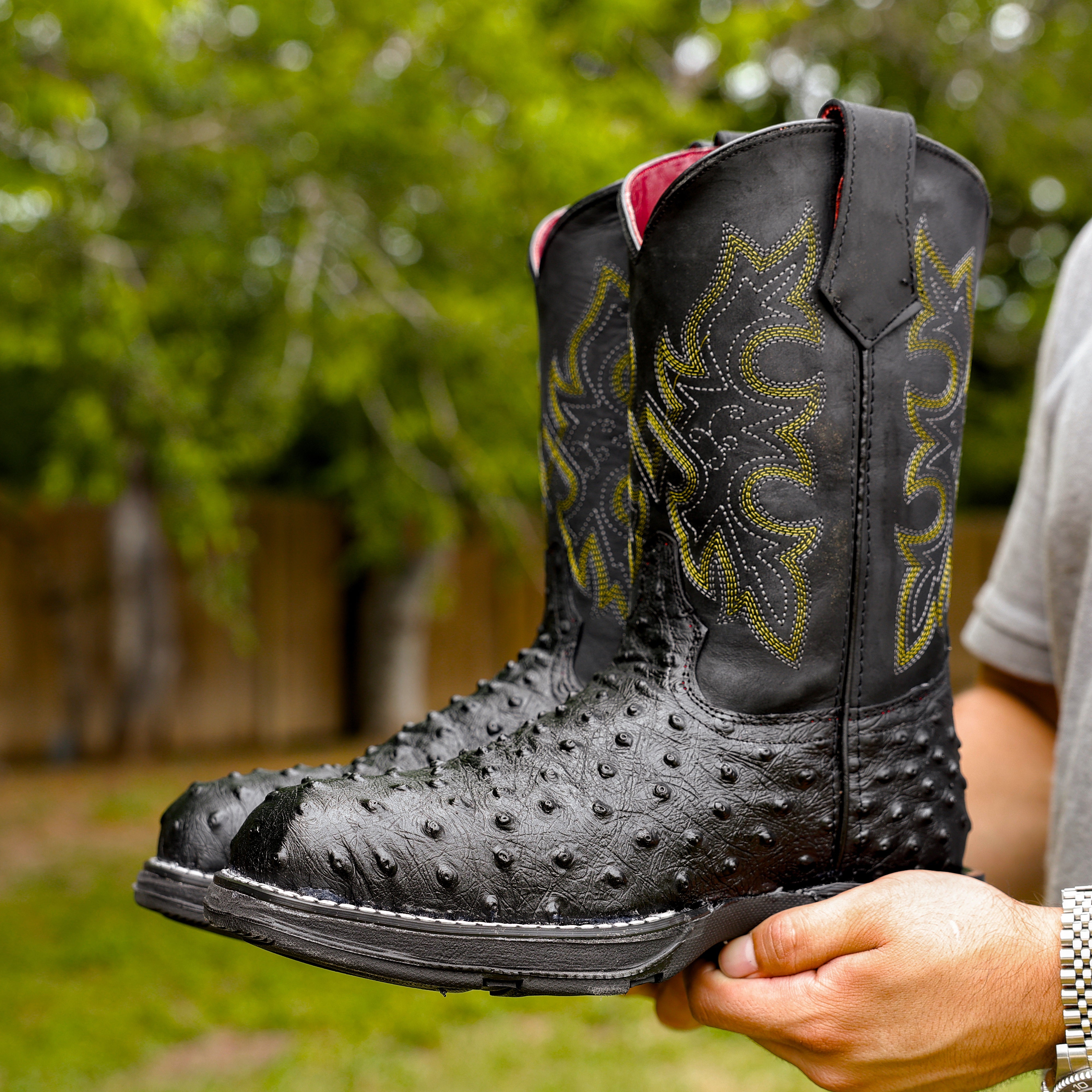 Black Ostrich Leather Boots With 3D Lightweight Sole - Composite Toe