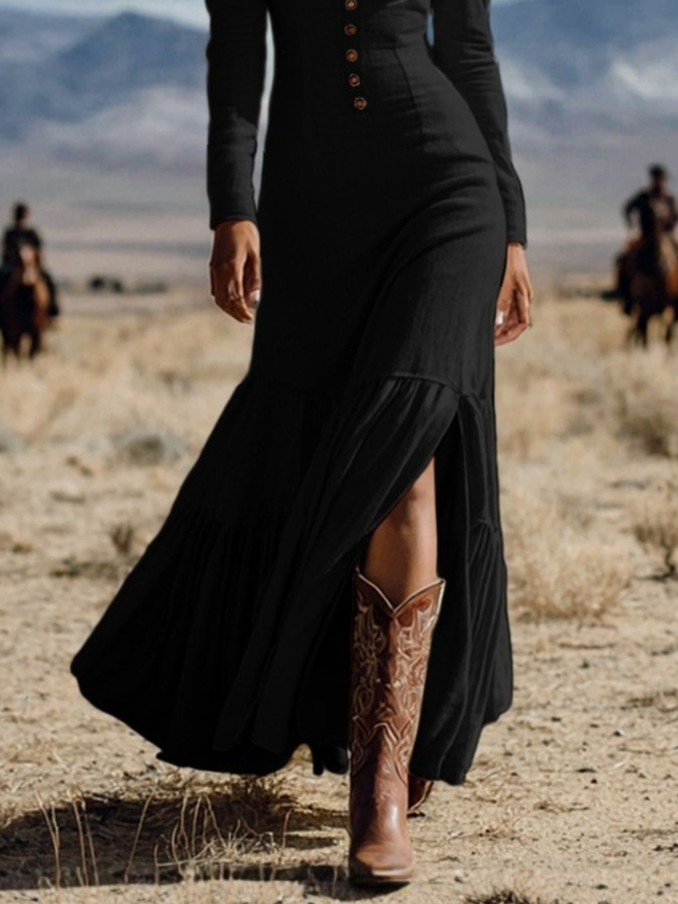 Slit Long Sleeve Tiered Maxi Dress