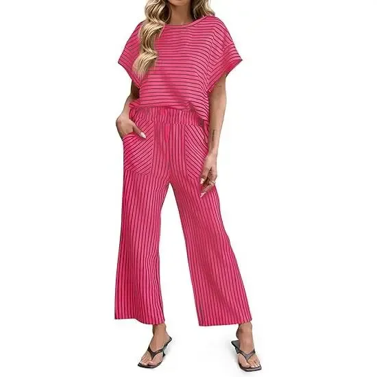 Women’s Striped Batwing Top & Wide Leg Pants 2-Piece Lounge Set with Pockets