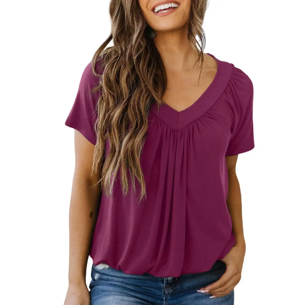 Women’s Loose Fit V-Neck Shirred Summer Top