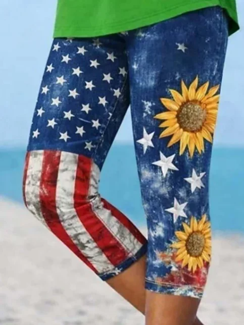 Women Sunflower Capris America Flag Printing Leggings Casual Summer Trousers