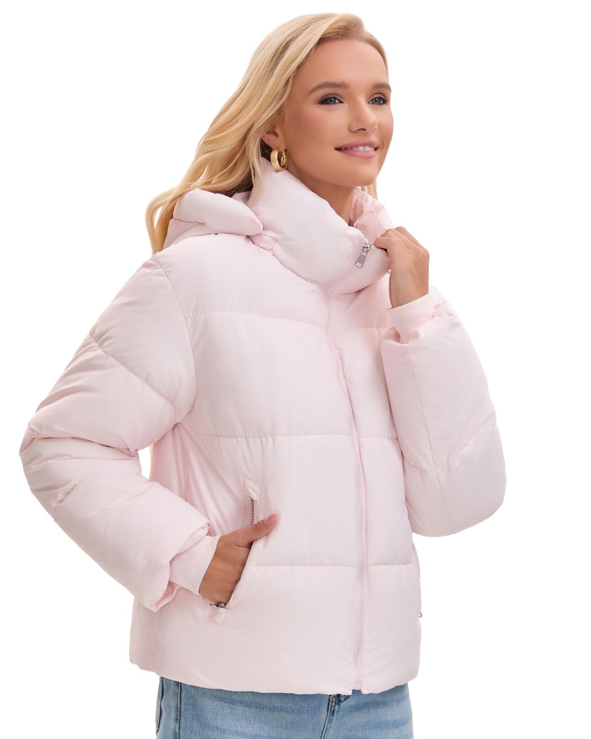 WarmCore Premium Short Puffer Jackets with Removable Hood & Optional Faux Fur Linging, Lady Casual Outerwear Longsleeves Zip Pockets Warm Quilted Coat