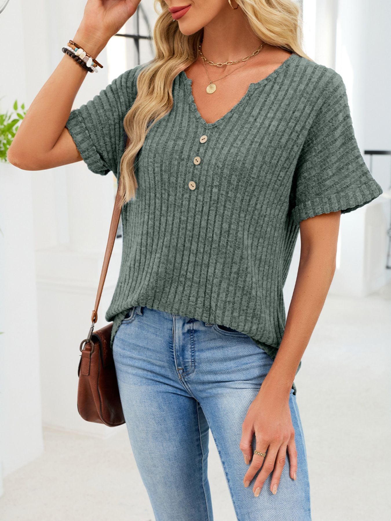 Ribbed Knit Short Sleeve T-Shirt
