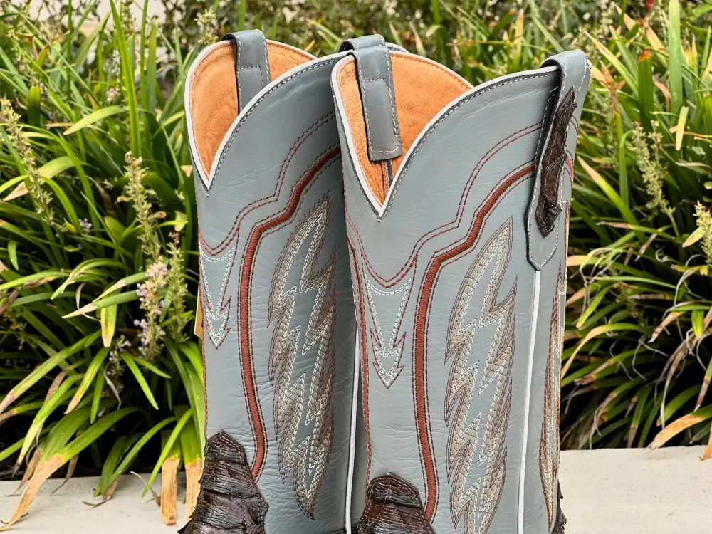 Mens Brown Python Leather Boots With Gray Shaft