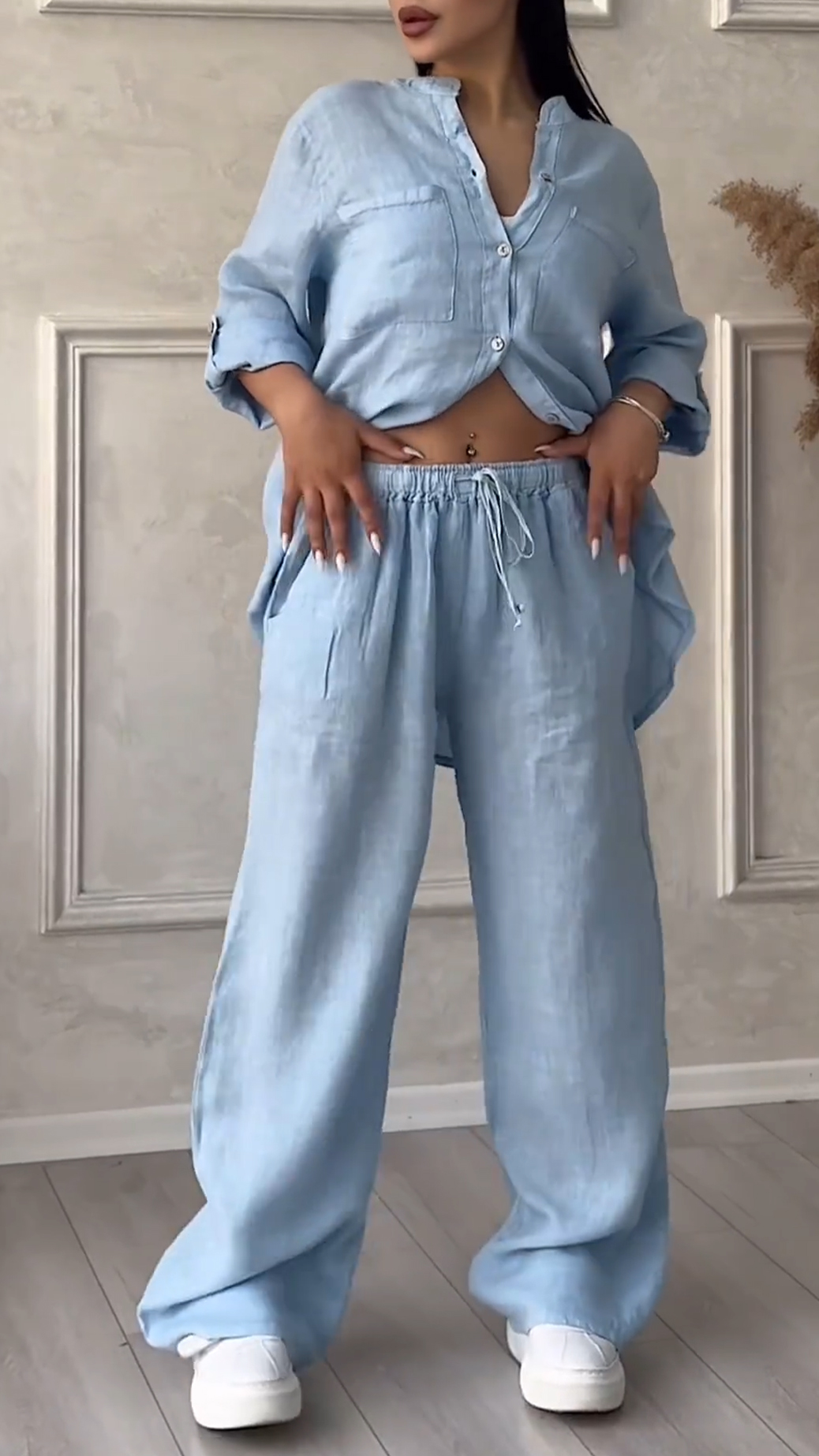 Women's V-neck Cotton and Linen Casual Suit